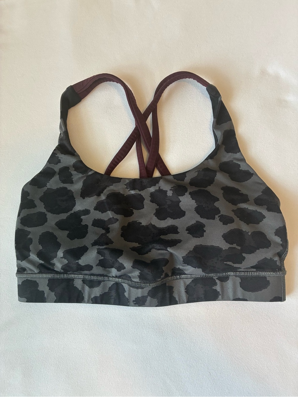 Lululemon Grey Leopard Print Crisscross Sports Bra with Maroon Straps